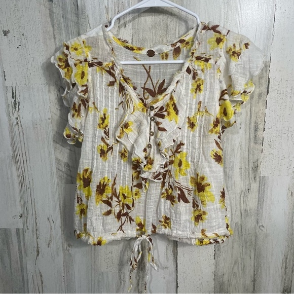 Free People Naya Ruffle Floral Blouse Ivory Short Sleeve Top size S Boho Cottage - Picture 6 of 11